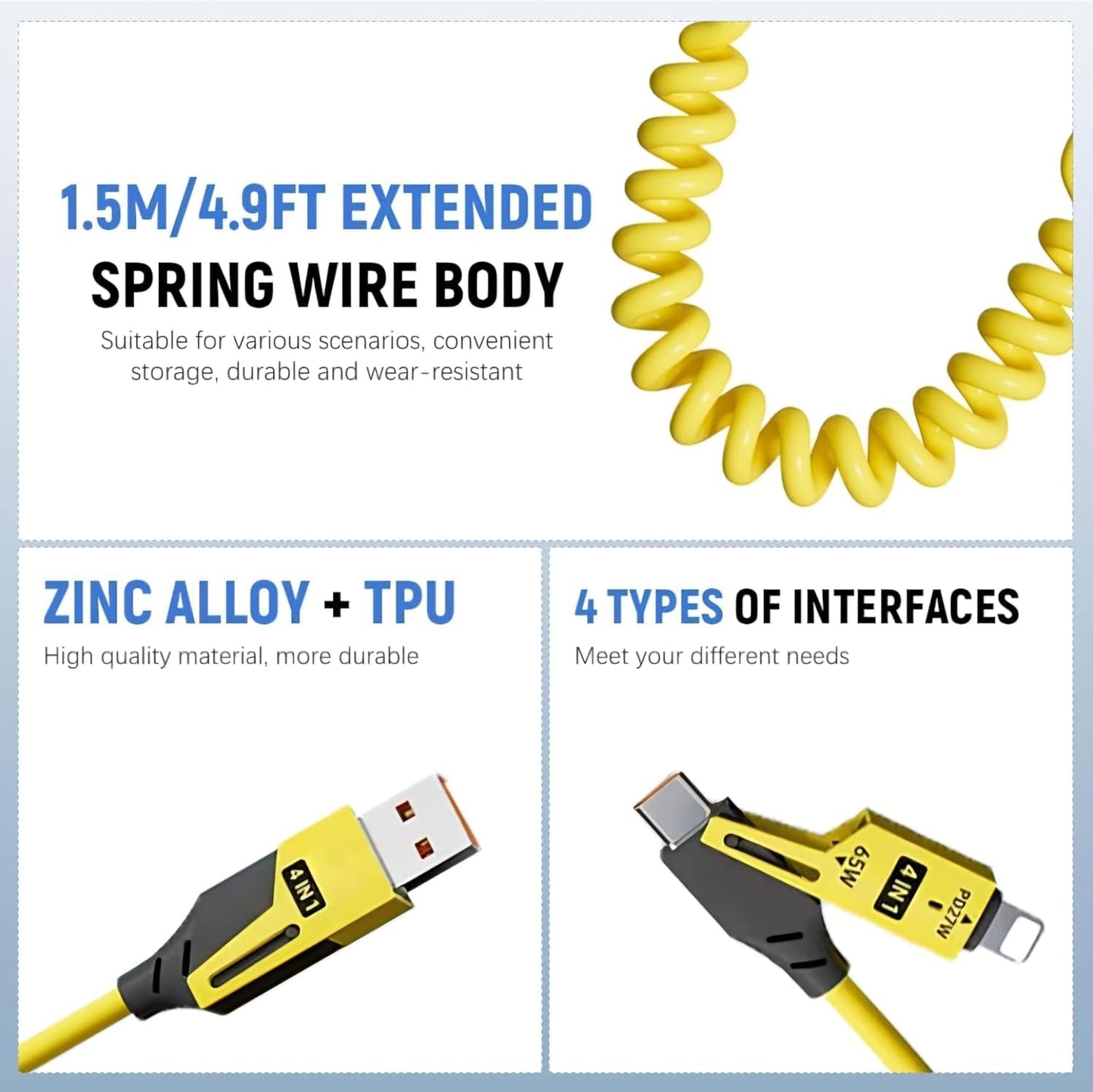 4IN1 27W / 65W Spring Charging Cable – Fast & Universal Multi-Device Charging